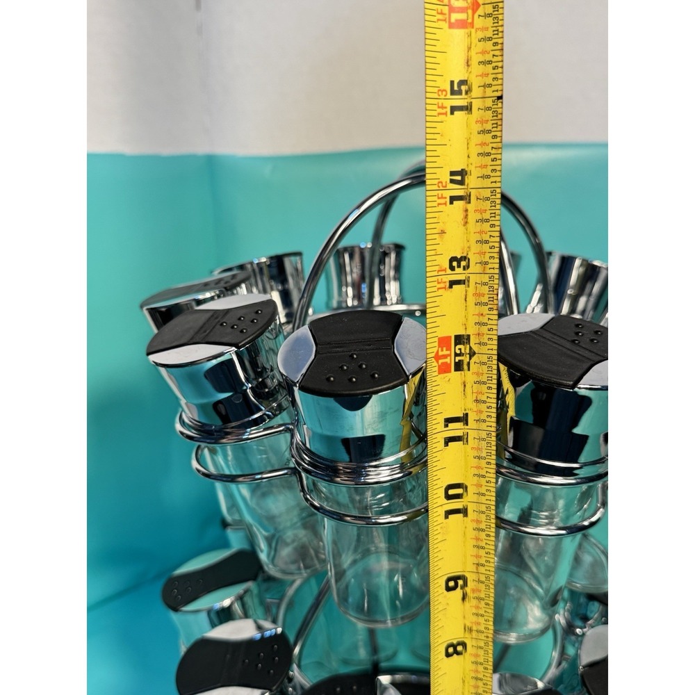 20 Jar Revolving Spice Rack Set Silver Black Glass Carousel Organizer with Lids - Picture 11 of 14